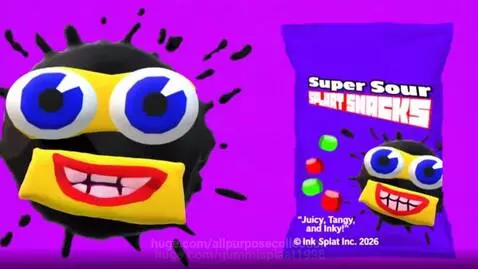 Animated splat character with blue eyes and red mouth on purple background, next to a bag of Super Sour Splaat Snacks.