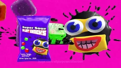 A purple bag of Super Sour Splaat Snacks with colorful gummy candies and an animated ink splat character.