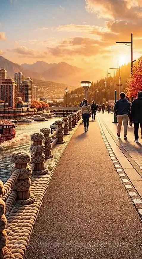 A knitted city skyline with mountains at sunset, featuring yarn boats on woven water.