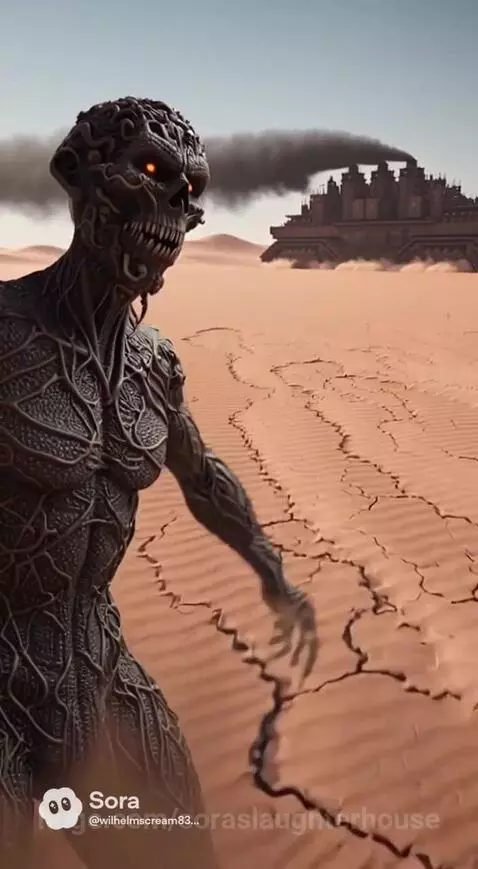 Monstrous creature and giant war machine in a desert with a rainbow tornado and a person running.