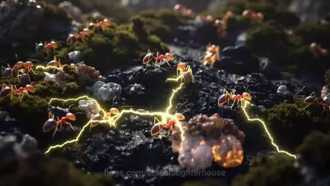 Macro view of red and copper ants on forest floor, leaving glowing yellow trails, resembling circuits.