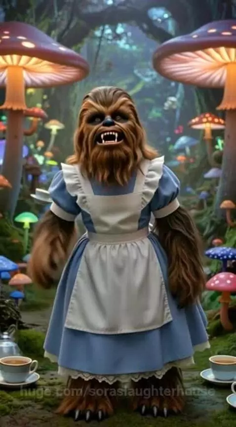 Chewbacca dressed as Alice in Wonderland in a fantastical forest with glowing mushrooms and teacups.