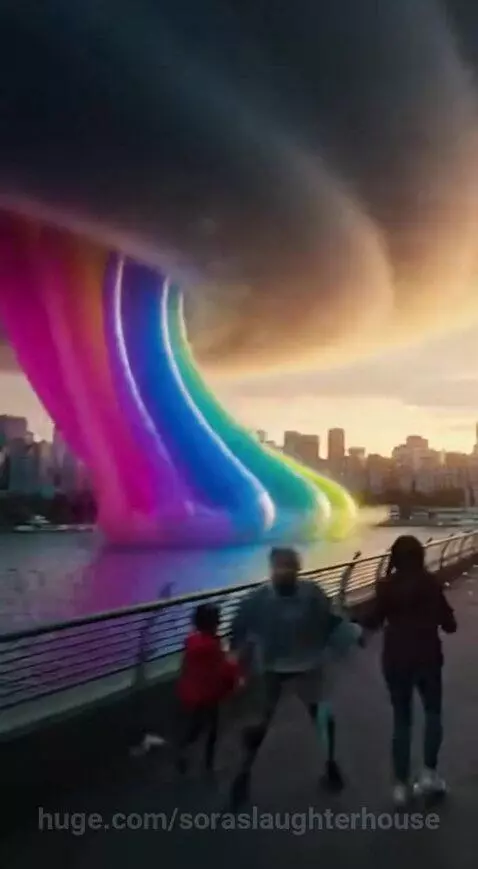 A city landscape with vibrant rainbow light beams descending from a swirling vortex cloud.