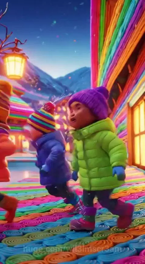 Animated children playing in a colorful, whimsical winter village with snow-covered mountains.
