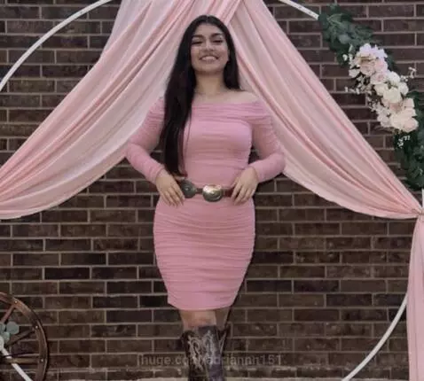 Young woman in a pink dress standing in front of an arch, then posing in a pink bikini.