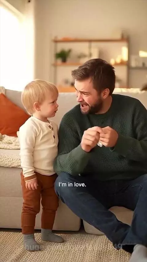 A young child looks at his father, who is sitting on the floor, with a look of innocent wisdom.