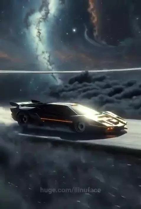 Futuristic black sports car with glowing orange accents driving fast, creating a large fire tornado in a cosmic environment.