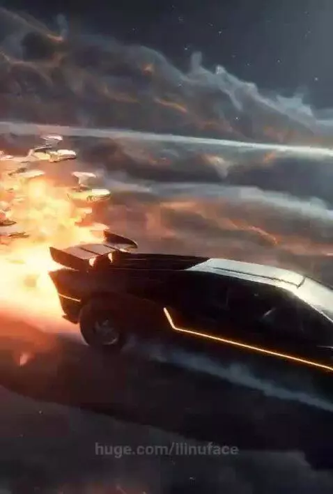 Sleek black futuristic car with orange accents multiplying and flying under a starry sky with explosions.