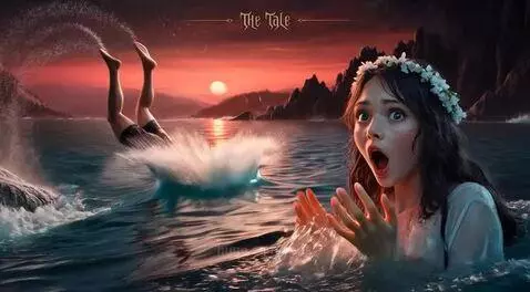 Shirtless man dives into water at sunset towards a woman in a white dress with a flower crown.