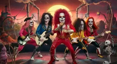 Rock band 'Firebrand Revolution' performing with skull face paint and theatrical costumes, lead singer in red.