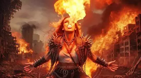 Woman with flowing hair and spiked jacket breathes fire in a burning, apocalyptic city with rubble and flames.