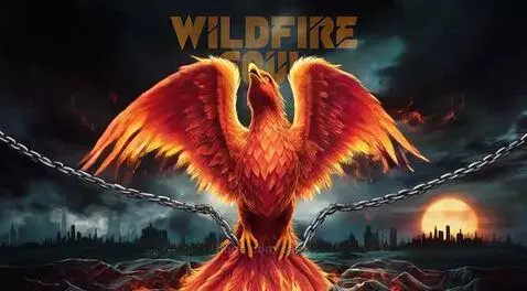 A glowing red and orange phoenix with outstretched wings breaking free from chains against a dark, fiery sky.