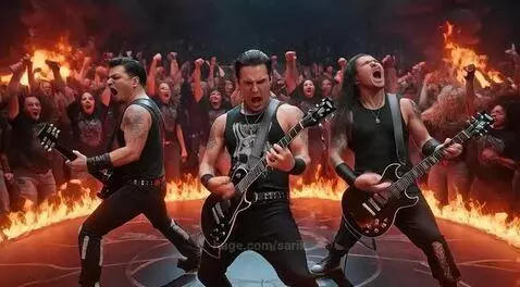 Musicians performing on a stage surrounded by a ring of fire during an intense heavy metal concert with a large crowd.