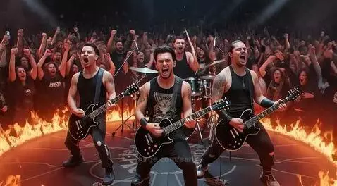 Heavy metal band performing on a stage engulfed in flames with a cheering crowd.