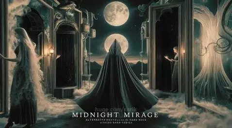 Mystical fantasy art with a hooded figure, twin glowing moons, and ornate architecture in a misty twilight setting.