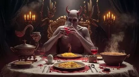 Demonic figure with horns and red eyes eating spaghetti at a lavishly set gothic table with wine.