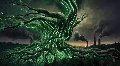 An ancient, gnarled tree glowing green, emitting energy towards a smoky industrial background.