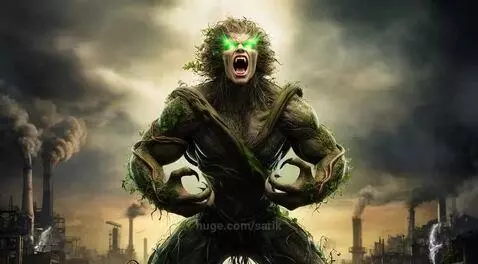 A menacing humanoid creature made of green roots and vines with glowing eyes, roaring in an industrial landscape.