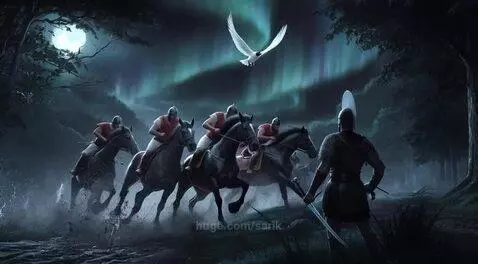 Armored riders on dark horses gallop through water at night, illuminated by a full moon and green aurora borealis.