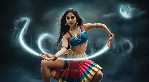 Woman in blue choli and red ghagra performing a dynamic dance pose with glowing light effects, city skyline and full moon background.