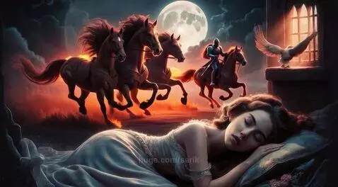 Young woman sleeping, dreaming of fiery horses and a knight galloping under a full moon.