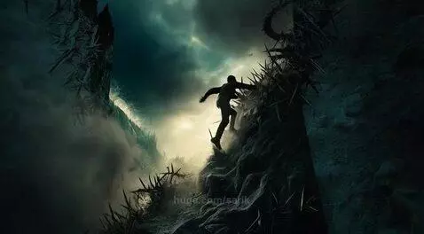 Silhouette of a climber ascending a steep, jagged, and spiky rock formation under a dramatic, overcast sky.