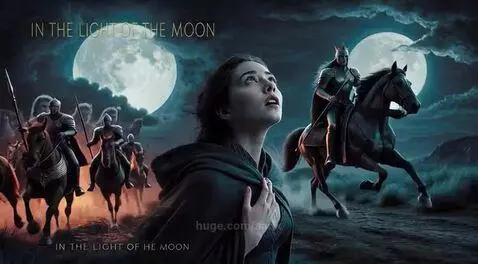 Fantasy knight on horseback under two bright moons, facing a woman in a cloak.