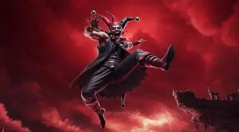 Menacing jester with red and black costume and unsettling grin in a dark, ruined apocalyptic landscape.