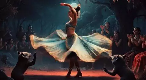 Woman in blue and gold Indian dance costume performing in a moonlit forest with stylized cat creatures.