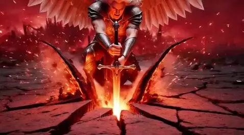 Angelic warrior with white wings and armor in a fiery, apocalyptic landscape, holding a glowing staff.