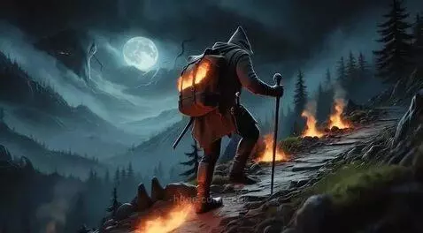 Hooded traveler with glowing backpack walks on a rocky path at night under a full moon, narrowly avoiding a falling boulder.