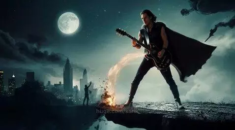 Rock musician playing guitar on a cliff at night with fire, city skyline, and full moon in the background.