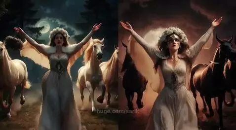 Split screen fantasy art: left side serene forest with white horses, right side stormy sky with dark horses.