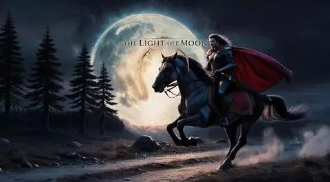 A knight in dark armor with a red cape rides a black horse through a misty, moonlit forest.