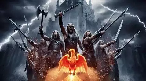Seven muscular warriors with weapons stand before a dark castle under a stormy sky, with a glowing phoenix in the foreground.