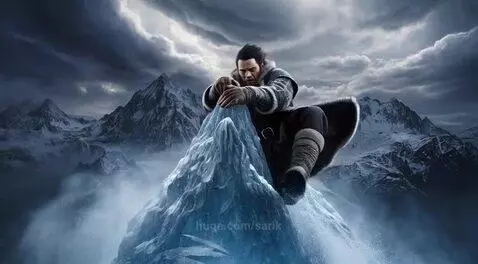 Man in fantasy winter attire triumphantly raises arms to the sky on a jagged, icy mountain summit.