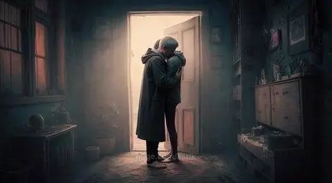 Couple embracing and walking hand-in-hand through a brightly lit doorway.