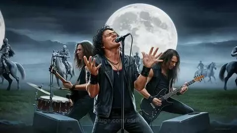 Rock band performing on a plain under two full moons, with skeletal figures on horseback in the background.