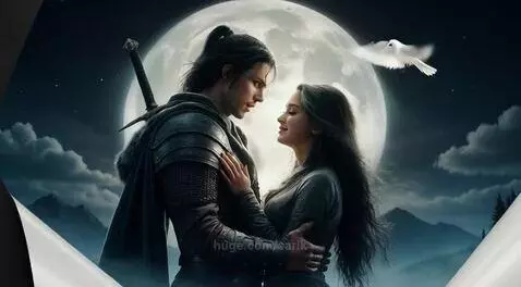 Warrior in armor embracing a woman under a large, luminous full moon with misty mountains and pine forests in the background.