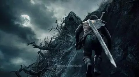 Knight with sword on back climbing a rocky mountain at night under a full moon.