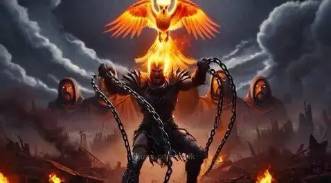 Fiery warrior with chains breaking free, a phoenix above, surrounded by hooded figures in a burning, ruined landscape.