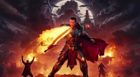 Warrior in spiked armor with a red cape and flaming sword, roaring in a burning city under a dark moon.