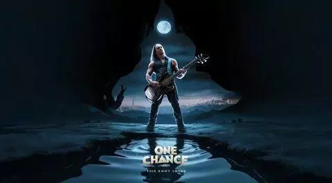 Male rock musician with long hair playing electric bass in a desolate landscape under a full moon.