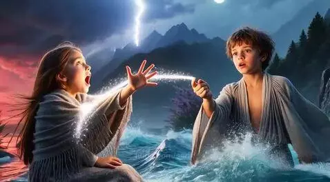 Two children in a fantasy landscape forming a glowing heart of light between their hands.