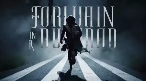 Hooded figure walking down a dark, foggy, tree-lined road at night, with 'FORLORN IN RUIN ROAD' text.