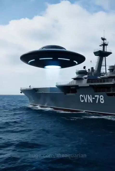 A dark, disc-shaped UFO with blue lights lands on the deck of a naval ship, and a grey alien exits.
