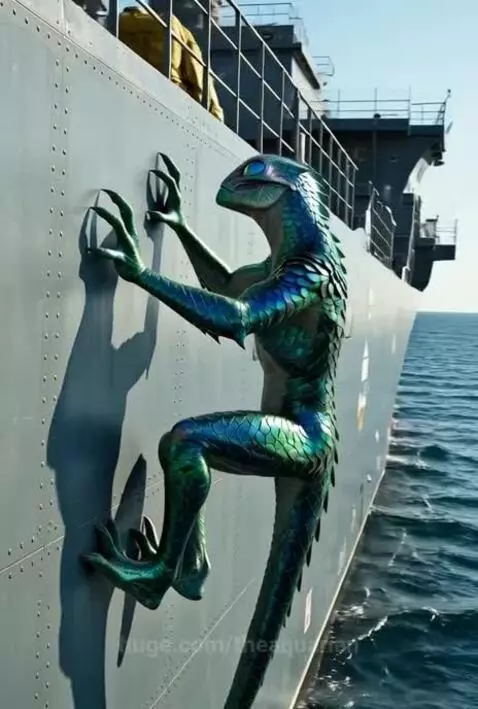 Scaled reptilian creature with sharp claws climbing an aircraft carrier and sitting in a fighter jet cockpit.