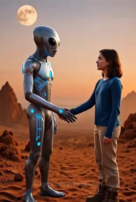 A human woman and a grey alien with blue accents shaking hands in a desert under a large moon.