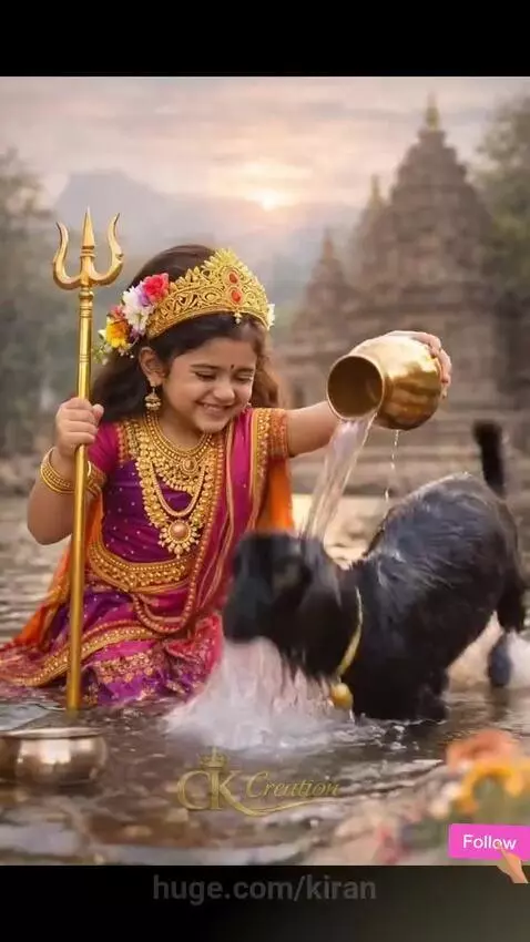 Young girl dressed as a Hindu goddess, wearing a crown and sari, pouring water from a pot onto a goat.