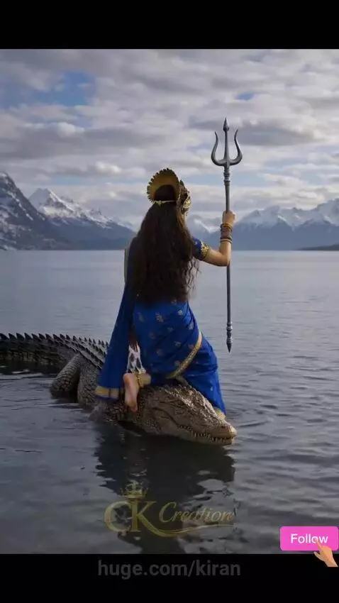 Woman adorned as a Hindu goddess in a blue and gold saree, jewelry, and crown, sitting on a crocodile in water with mountains in background.